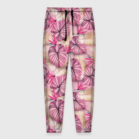 Мужские брюки 3D с принтом Розовый тропический узор в Екатеринбурге, 100% полиэстер | манжеты по низу, эластичный пояс регулируется шнурком, по бокам два кармана без застежек, внутренняя часть кармана из мелкой сетки | бежевый | листья | пальмовые листья | розовые цветы | розовый | тропические цветы | цветочный