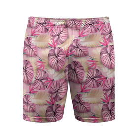 Мужские шорты спортивные с принтом Розовый тропический узор в Курске,  |  | Тематика изображения на принте: бежевый | листья | пальмовые листья | розовые цветы | розовый | тропические цветы | цветочный