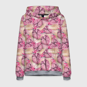 Мужская толстовка 3D с принтом Розовый тропический узор в Новосибирске, 100% полиэстер | двухслойный капюшон со шнурком для регулировки, мягкие манжеты на рукавах и по низу толстовки, спереди карман-кенгуру с мягким внутренним слоем. | бежевый | листья | пальмовые листья | розовые цветы | розовый | тропические цветы | цветочный