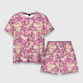 Мужской костюм с шортами 3D с принтом Розовый тропический узор в Курске,  |  | бежевый | листья | пальмовые листья | розовые цветы | розовый | тропические цветы | цветочный
