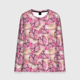 Мужской лонгслив 3D с принтом Розовый тропический узор в Курске, 100% полиэстер | длинные рукава, круглый вырез горловины, полуприлегающий силуэт | бежевый | листья | пальмовые листья | розовые цветы | розовый | тропические цветы | цветочный