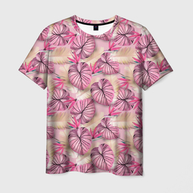 Мужская футболка 3D с принтом Розовый тропический узор в Курске, 100% полиэфир | прямой крой, круглый вырез горловины, длина до линии бедер | Тематика изображения на принте: бежевый | листья | пальмовые листья | розовые цветы | розовый | тропические цветы | цветочный