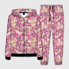 Мужской костюм 3D с принтом Розовый тропический узор в Новосибирске, 100% полиэстер | Манжеты и пояс оформлены тканевой резинкой, двухслойный капюшон со шнурком для регулировки, карманы спереди | бежевый | листья | пальмовые листья | розовые цветы | розовый | тропические цветы | цветочный