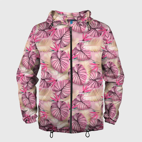 Мужская ветровка 3D с принтом Розовый тропический узор в Кировске, 100% полиэстер | подол и капюшон оформлены резинкой с фиксаторами, два кармана без застежек по бокам, один потайной карман на груди | бежевый | листья | пальмовые листья | розовые цветы | розовый | тропические цветы | цветочный