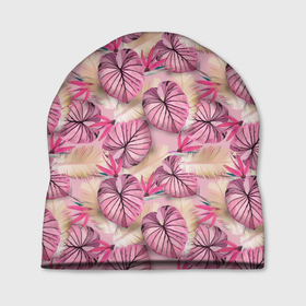 Шапка 3D с принтом Розовый тропический узор в Курске, 100% полиэстер | универсальный размер, печать по всей поверхности изделия | Тематика изображения на принте: бежевый | листья | пальмовые листья | розовые цветы | розовый | тропические цветы | цветочный