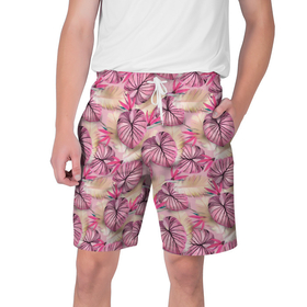 Мужские шорты 3D с принтом Розовый тропический узор в Тюмени,  полиэстер 100% | прямой крой, два кармана без застежек по бокам. Мягкая трикотажная резинка на поясе, внутри которой широкие завязки. Длина чуть выше колен | бежевый | листья | пальмовые листья | розовые цветы | розовый | тропические цветы | цветочный