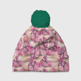 Шапка 3D c помпоном с принтом Розовый тропический узор в Курске, 100% полиэстер | универсальный размер, печать по всей поверхности изделия | бежевый | листья | пальмовые листья | розовые цветы | розовый | тропические цветы | цветочный