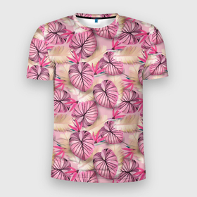 Мужская футболка 3D спортивная с принтом Розовый тропический узор в Курске, 100% полиэстер с улучшенными характеристиками | приталенный силуэт, круглая горловина, широкие плечи, сужается к линии бедра | Тематика изображения на принте: бежевый | листья | пальмовые листья | розовые цветы | розовый | тропические цветы | цветочный