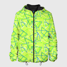 Мужская куртка 3D с принтом Абстрактный неоновый зеленый в Новосибирске, ткань верха — 100% полиэстер, подклад — флис | прямой крой, подол и капюшон оформлены резинкой с фиксаторами, два кармана без застежек по бокам, один большой потайной карман на груди. Карман на груди застегивается на липучку | абстрактный | геометрический | детский | зеленый | летний | неоновый | ретро | треугольники