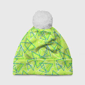 Шапка 3D c помпоном с принтом Абстрактный неоновый зеленый в Белгороде, 100% полиэстер | универсальный размер, печать по всей поверхности изделия | абстрактный | геометрический | детский | зеленый | летний | неоновый | ретро | треугольники