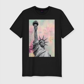 Мужская футболка хлопок Slim с принтом Statue of Liberty в Тюмени, 92% хлопок, 8% лайкра | приталенный силуэт, круглый вырез ворота, длина до линии бедра, короткий рукав | известная статуя | краска | мазки краски | статуя | статуя свободы | уличный стиль | яркая стена | яркий фон