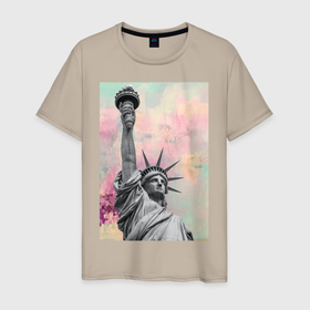 Мужская футболка хлопок с принтом Statue of Liberty в Курске, 100% хлопок | прямой крой, круглый вырез горловины, длина до линии бедер, слегка спущенное плечо. | известная статуя | краска | мазки краски | статуя | статуя свободы | уличный стиль | яркая стена | яркий фон