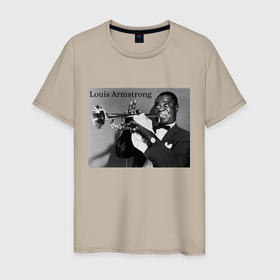 Мужская футболка хлопок с принтом Louis Armstrong , 100% хлопок | прямой крой, круглый вырез горловины, длина до линии бедер, слегка спущенное плечо. | Тематика изображения на принте: louis armstrong | джаз | луи армстронг | отец джаза | труба