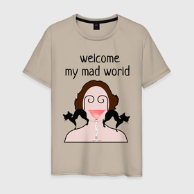 Мужская футболка хлопок с принтом welcome to my mad world в Санкт-Петербурге, 100% хлопок | прямой крой, круглый вырез горловины, длина до линии бедер, слегка спущенное плечо. | абстракция | бокал | голова | кошки | напитки | психоделика | юмор