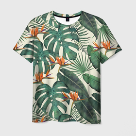 Мужская футболка 3D с принтом Тропический паттерн , 100% полиэфир | прямой крой, круглый вырез горловины, длина до линии бедер | Тематика изображения на принте: азия | акварель | акварельный | банановые листья | ботанический | винтажный | зеленый | иллюстрация | лес | летний | лето | монстера | оранжевый | отпуск | пальмовые листья | стрелиция | тропики