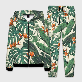 Мужской костюм 3D с принтом Тропический паттерн в Новосибирске, 100% полиэстер | Манжеты и пояс оформлены тканевой резинкой, двухслойный капюшон со шнурком для регулировки, карманы спереди | азия | акварель | акварельный | банановые листья | ботанический | винтажный | зеленый | иллюстрация | лес | летний | лето | монстера | оранжевый | отпуск | пальмовые листья | стрелиция | тропики