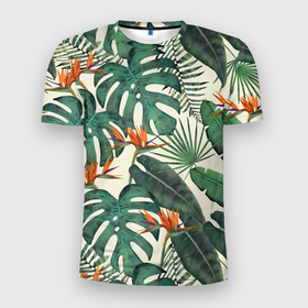 Мужская футболка 3D спортивная с принтом Тропический паттерн в Белгороде, 100% полиэстер с улучшенными характеристиками | приталенный силуэт, круглая горловина, широкие плечи, сужается к линии бедра | азия | акварель | акварельный | банановые листья | ботанический | винтажный | зеленый | иллюстрация | лес | летний | лето | монстера | оранжевый | отпуск | пальмовые листья | стрелиция | тропики