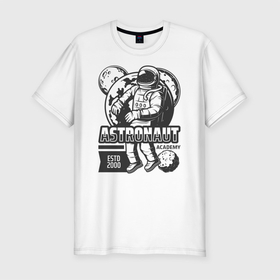 Мужская футболка хлопок Slim с принтом Космонавт и планеты в Курске, 92% хлопок, 8% лайкра | приталенный силуэт, круглый вырез ворота, длина до линии бедра, короткий рукав | астронавт | космонавт | планета | скафандр | уличный стиль | шлем