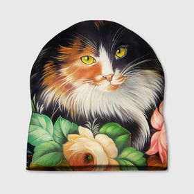 Шапка 3D с принтом Трёхцветная кошка в Белгороде, 100% полиэстер | универсальный размер, печать по всей поверхности изделия | декоративная роспись | живопись | жостовская роспись | кошка | кошка трехцветная | цветы