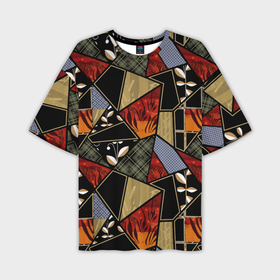 Мужская футболка oversize 3D с принтом Разноцветные заплатки пэчворк черно оранжевого цвета ,  |  | flaps | patchwork | деревенский | заплатки | модный | популярный | пэчворк | разноцветный | рустик | этнический