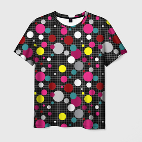 Мужская футболка 3D с принтом Разноцветный горох на черном  в Тюмени, 100% полиэфир | прямой крой, круглый вырез горловины, длина до линии бедер | в горох | детский | для детей | желтый горох | клетка | красный | малышам | мальчиковый узор | разноцветный горох | темный | черный