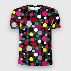 Мужская футболка 3D спортивная с принтом Разноцветный горох на черном  в Новосибирске, 100% полиэстер с улучшенными характеристиками | приталенный силуэт, круглая горловина, широкие плечи, сужается к линии бедра | в горох | детский | для детей | желтый горох | клетка | красный | малышам | мальчиковый узор | разноцветный горох | темный | черный