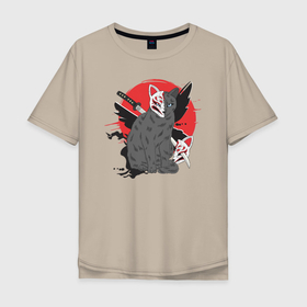 Мужская футболка хлопок Oversize с принтом Бакэнэко в Кировске, 100% хлопок | свободный крой, круглый ворот, “спинка” длиннее передней части | бакэнэко | кошка | кошка оборотень | магия | маска | оборотень | япония