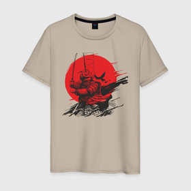 Мужская футболка хлопок с принтом Самурай в Кировске, 100% хлопок | прямой крой, круглый вырез горловины, длина до линии бедер, слегка спущенное плечо. | samurai | буси | воин | закат | самурай | самурайский меч | япония