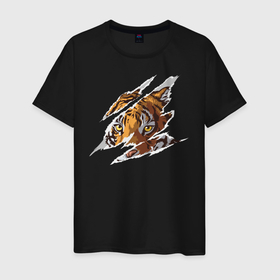 Мужская футболка хлопок с принтом Тигр в Санкт-Петербурге, 100% хлопок | прямой крой, круглый вырез горловины, длина до линии бедер, слегка спущенное плечо. | большая кошка | животные. дикая кошка | звери | порезы | тигр | хищник | царапины