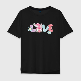 Мужская футболка хлопок Oversize с принтом Гном в любви и цветах в Санкт-Петербурге, 100% хлопок | свободный крой, круглый ворот, “спинка” длиннее передней части | love | гном | клетка | любовь | маленький человечек | надпись | ромашки | сердце | цветы