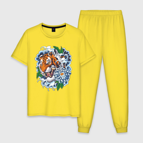 Мужская пижама хлопок с принтом Тигр в цветах в Петрозаводске, 100% хлопок | брюки и футболка прямого кроя, без карманов, на брюках мягкая резинка на поясе и по низу штанин
 | волны | голова тигра | дикая кошка | животные | крупная кошка | тигр | хищник | хризантема | цветы