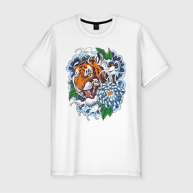 Мужская футболка хлопок Slim с принтом Тигр в цветах в Санкт-Петербурге, 92% хлопок, 8% лайкра | приталенный силуэт, круглый вырез ворота, длина до линии бедра, короткий рукав | волны | голова тигра | дикая кошка | животные | крупная кошка | тигр | хищник | хризантема | цветы