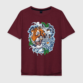 Мужская футболка хлопок Oversize с принтом Тигр в цветах в Санкт-Петербурге, 100% хлопок | свободный крой, круглый ворот, “спинка” длиннее передней части | волны | голова тигра | дикая кошка | животные | крупная кошка | тигр | хищник | хризантема | цветы