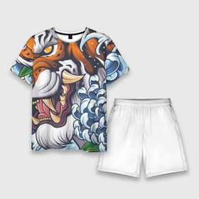 Мужской костюм с шортами 3D с принтом Тигр в цветах в Белгороде,  |  | волны | голова тигра | дикая кошка | животные | крупная кошка | тигр | хищник | хризантема | цветы