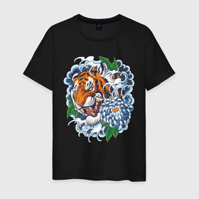 Мужская футболка хлопок с принтом Тигр в цветах в Новосибирске, 100% хлопок | прямой крой, круглый вырез горловины, длина до линии бедер, слегка спущенное плечо. | волны | голова тигра | дикая кошка | животные | крупная кошка | тигр | хищник | хризантема | цветы