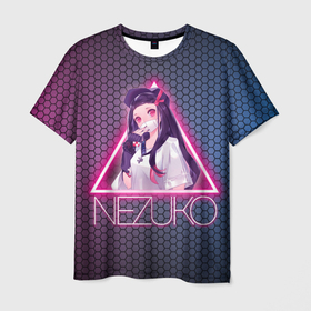 Мужская футболка 3D с принтом Незуко Камадо в треугольнике  в Санкт-Петербурге, 100% полиэфир | прямой крой, круглый вырез горловины, длина до линии бедер | Тематика изображения на принте: demon slayer | kamado | kimetsu no aiba | nezuko | в треугольнике | камадо | клинок | незуко | неон | рассекающий демонов