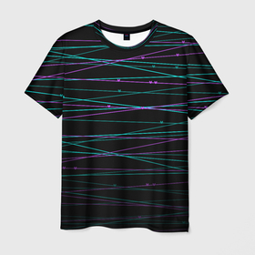 Мужская футболка 3D с принтом Неоновые тонкие нити  в Белгороде, 100% полиэфир | прямой крой, круглый вырез горловины, длина до линии бедер | детский | любовь | неоновый узор | полосы | сердечки | сердце | темный | тонкие полоски | черный