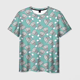 Мужская футболка 3D с принтом Воланы на ментоловом в Новосибирске, 100% полиэфир | прямой крой, круглый вырез горловины, длина до линии бедер | бадминтон | белый | воланы | ментоловый | минт | нежно зеленый | орнамент | паттерн | спорт | спортивное | узор | цвет тиффани
