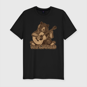 Мужская футболка хлопок Slim с принтом Медведь играет на гитаре в Кировске, 92% хлопок, 8% лайкра | приталенный силуэт, круглый вырез ворота, длина до линии бедра, короткий рукав | гитара | медведь | медвежонок | миша | мишка | музыкант