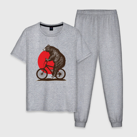 Мужская пижама хлопок с принтом Медведь на велосиеде в Новосибирске, 100% хлопок | брюки и футболка прямого кроя, без карманов, на брюках мягкая резинка на поясе и по низу штанин
 | вело | велосипед | медведь | солнце | спорт | япония