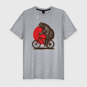 Мужская футболка хлопок Slim с принтом Медведь на велосиеде в Новосибирске, 92% хлопок, 8% лайкра | приталенный силуэт, круглый вырез ворота, длина до линии бедра, короткий рукав | вело | велосипед | медведь | солнце | спорт | япония