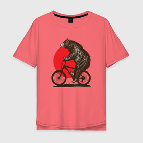 Мужская футболка хлопок Oversize с принтом Медведь на велосиеде в Екатеринбурге, 100% хлопок | свободный крой, круглый ворот, “спинка” длиннее передней части | вело | велосипед | медведь | солнце | спорт | япония