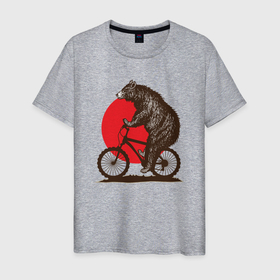 Мужская футболка хлопок с принтом Медведь на велосиеде в Курске, 100% хлопок | прямой крой, круглый вырез горловины, длина до линии бедер, слегка спущенное плечо. | Тематика изображения на принте: вело | велосипед | медведь | солнце | спорт | япония