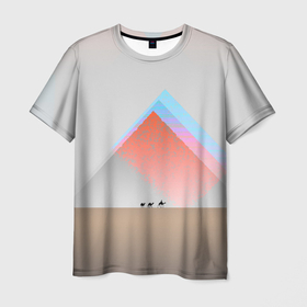 Мужская футболка 3D с принтом Пустынный мираж в Кировске, 100% полиэфир | прямой крой, круглый вырез горловины, длина до линии бедер | верблюды | глюк | караван | пирамиды | путник | треугольник | цветовой шум