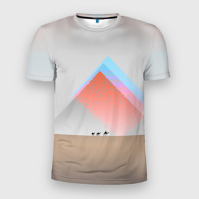 Мужская футболка 3D спортивная с принтом Пустынный мираж в Санкт-Петербурге, 100% полиэстер с улучшенными характеристиками | приталенный силуэт, круглая горловина, широкие плечи, сужается к линии бедра | верблюды | глюк | караван | пирамиды | путник | треугольник | цветовой шум