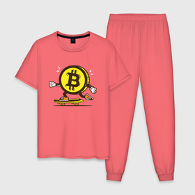 Мужская пижама хлопок с принтом Биткоин на скейте в Кировске, 100% хлопок | брюки и футболка прямого кроя, без карманов, на брюках мягкая резинка на поясе и по низу штанин
 | Тематика изображения на принте: bitcoin | альткоин | битки | биткоин | биток | крипта | криптовалюта | монета | сатоши