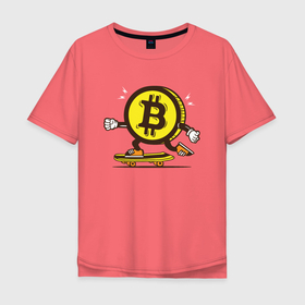 Мужская футболка хлопок Oversize с принтом Биткоин на скейте в Кировске, 100% хлопок | свободный крой, круглый ворот, “спинка” длиннее передней части | Тематика изображения на принте: bitcoin | альткоин | битки | биткоин | биток | крипта | криптовалюта | монета | сатоши