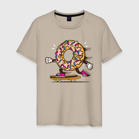 Мужская футболка хлопок с принтом Пончик на скейте в Белгороде, 100% хлопок | прямой крой, круглый вырез горловины, длина до линии бедер, слегка спущенное плечо. | Тематика изображения на принте: donkey | sport | пончик | скейт | скорость | сладость