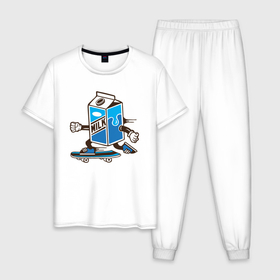 Мужская пижама хлопок с принтом Пачка молока на скейте в Тюмени, 100% хлопок | брюки и футболка прямого кроя, без карманов, на брюках мягкая резинка на поясе и по низу штанин
 | коробка | молоко | молочко | пачка молока | скейт | упаковка