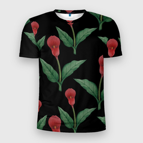 Мужская футболка 3D спортивная с принтом Красные каллы на черном в Петрозаводске, 100% полиэстер с улучшенными характеристиками | приталенный силуэт, круглая горловина, широкие плечи, сужается к линии бедра | 8 марта | flowers | march 8 | spring | ботаническая иллюстрация | весна | день рождения | зеленый | каллы | красный | лето | любовь | праздник | принт | природа | растения | цветы | черный